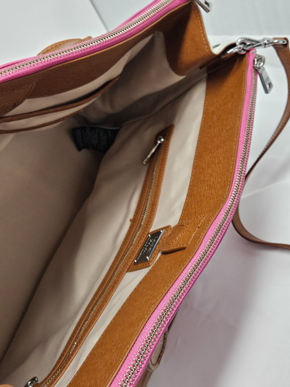 Lauren Ralph Lauren Newbury Tri-Color Leather Handbag - Brown / Vanilla / Rose - Picture 9 of 11